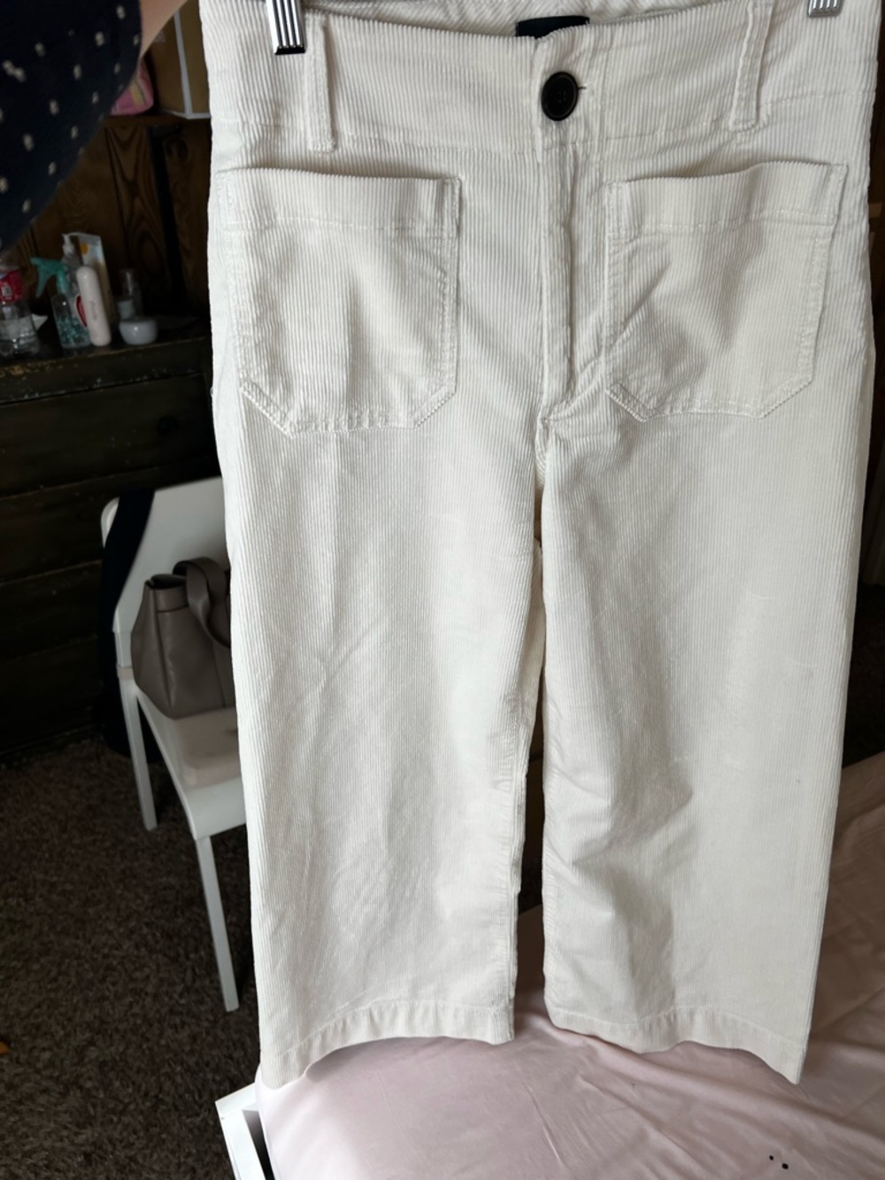 Anthropologie Maeve Cream Corduroy Pants with Pink Stitching